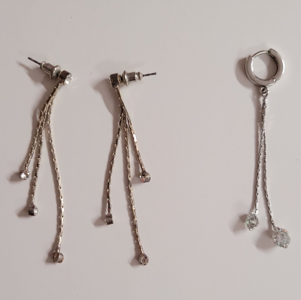 Earring bundle: peirced set/cartilage cuff, silver tone and white stone